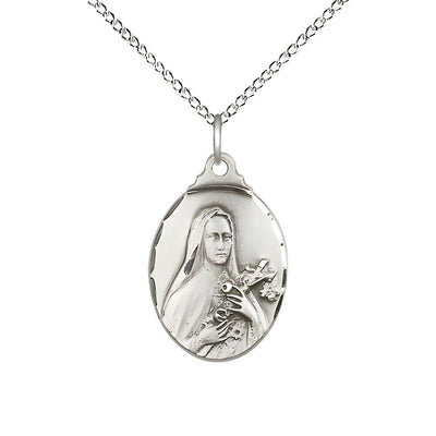 St. Theresa Sterling Silver with Crucifix and Roses Necklace with Sterling Silver Chain, Medal measures 3/4-inch tall by 1/2-inch wide, Bliss Manufacturing