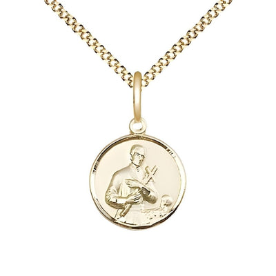 St. Gerard Holding a Crucifix 14kt Gold-filled Medal with gold-plated chain, Measures 5/8-inch tall by 1/2-inch wide, Bliss Manufacturing