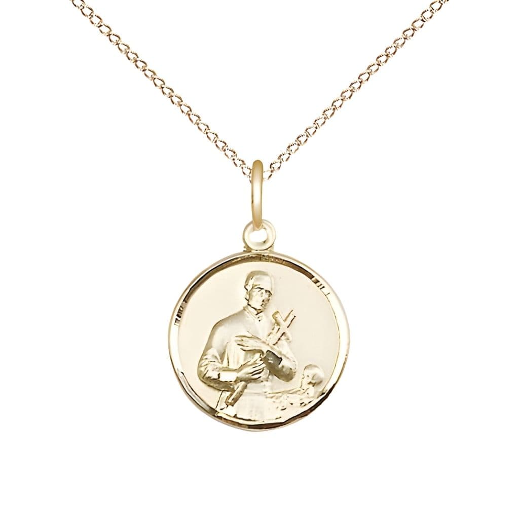 Bliss St. Gerard Holding a Crucifix 14kt Gold-filled Medal with gold-filled chain, Measures 5/8-inch tall by 1/2-inch wide