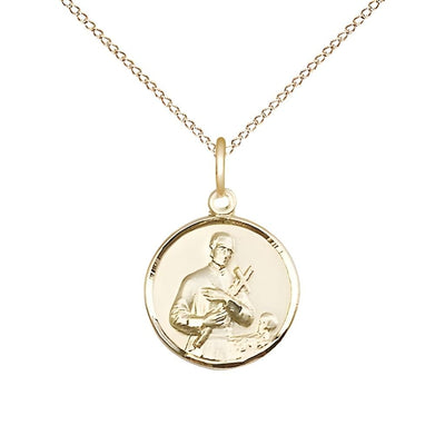 St. Gerard Holding a Crucifix 14kt Gold-filled Medal with gold-filled chain, Measures 5/8-inch tall by 1/2-inch wide, Bliss Manufacturing
