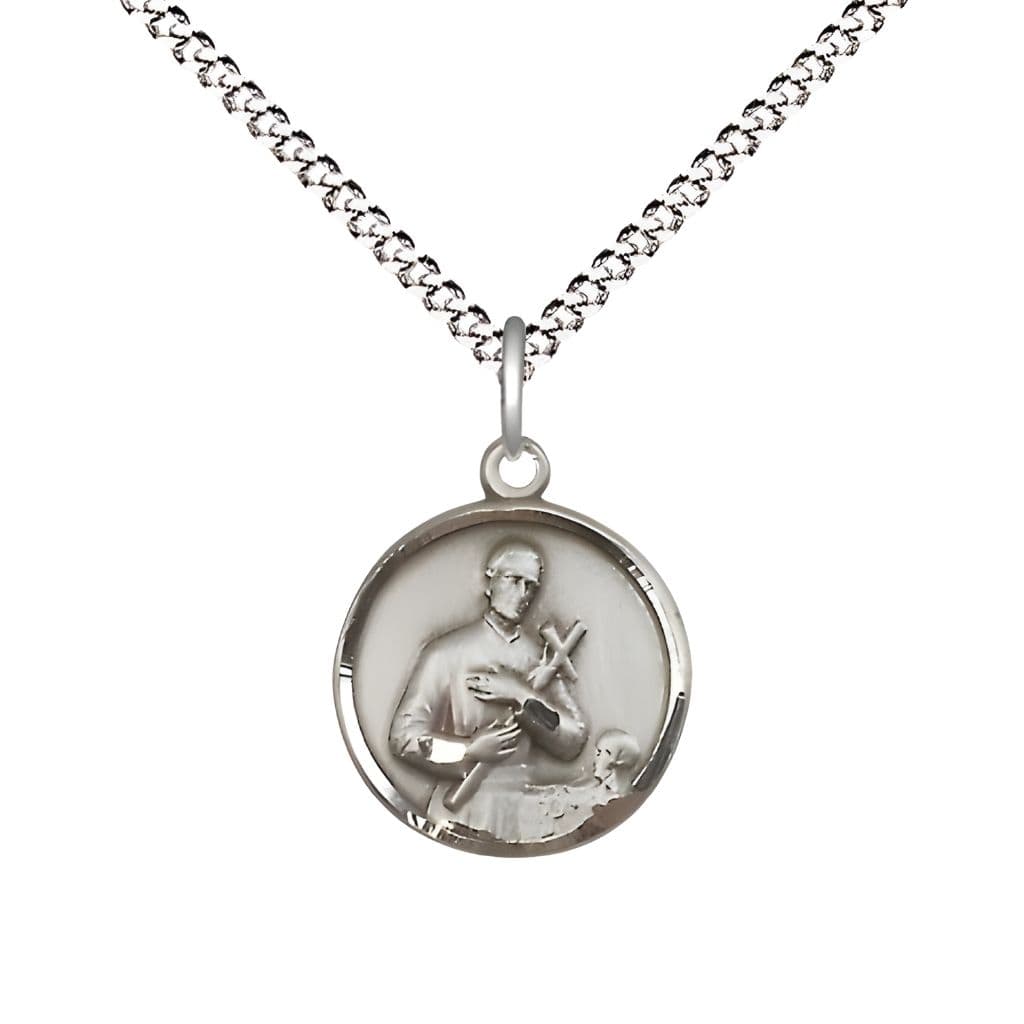 Bliss St. Gerard Holding a Crucifix Pewter Medal with rhodium-plated chain, Measures 5/8-inch tall by 1/2-inch wide