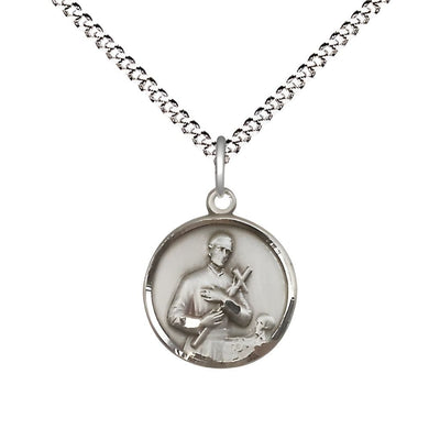 St. Gerard Holding a Crucifix Sterling Silver Medal with rhodium-plated chain, Measures 5/8-inch tall by 1/2-inch wide, Bliss Manufacturing