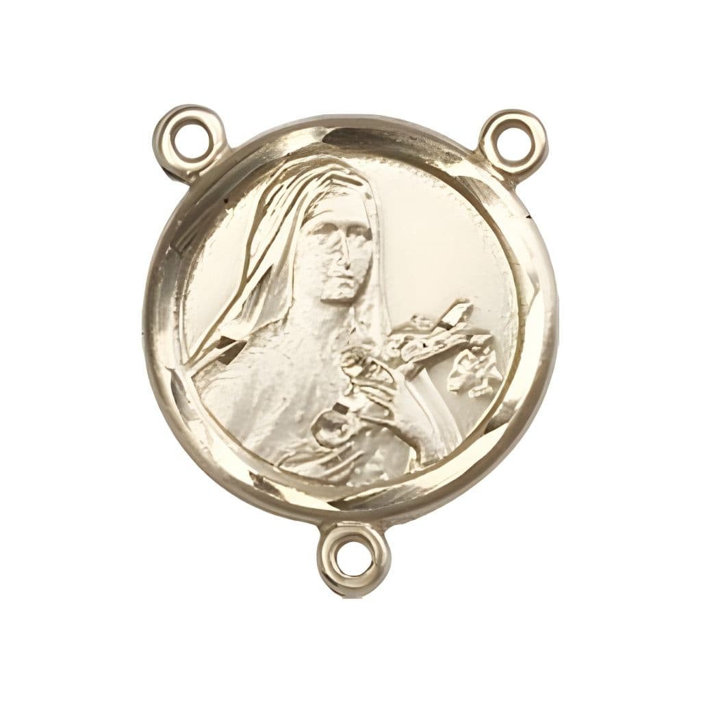 St. Theresa 14kt Gold Engravable Round Rosary Centerpiece from Bliss, Measures 5/8-inch by 1/2-inch
