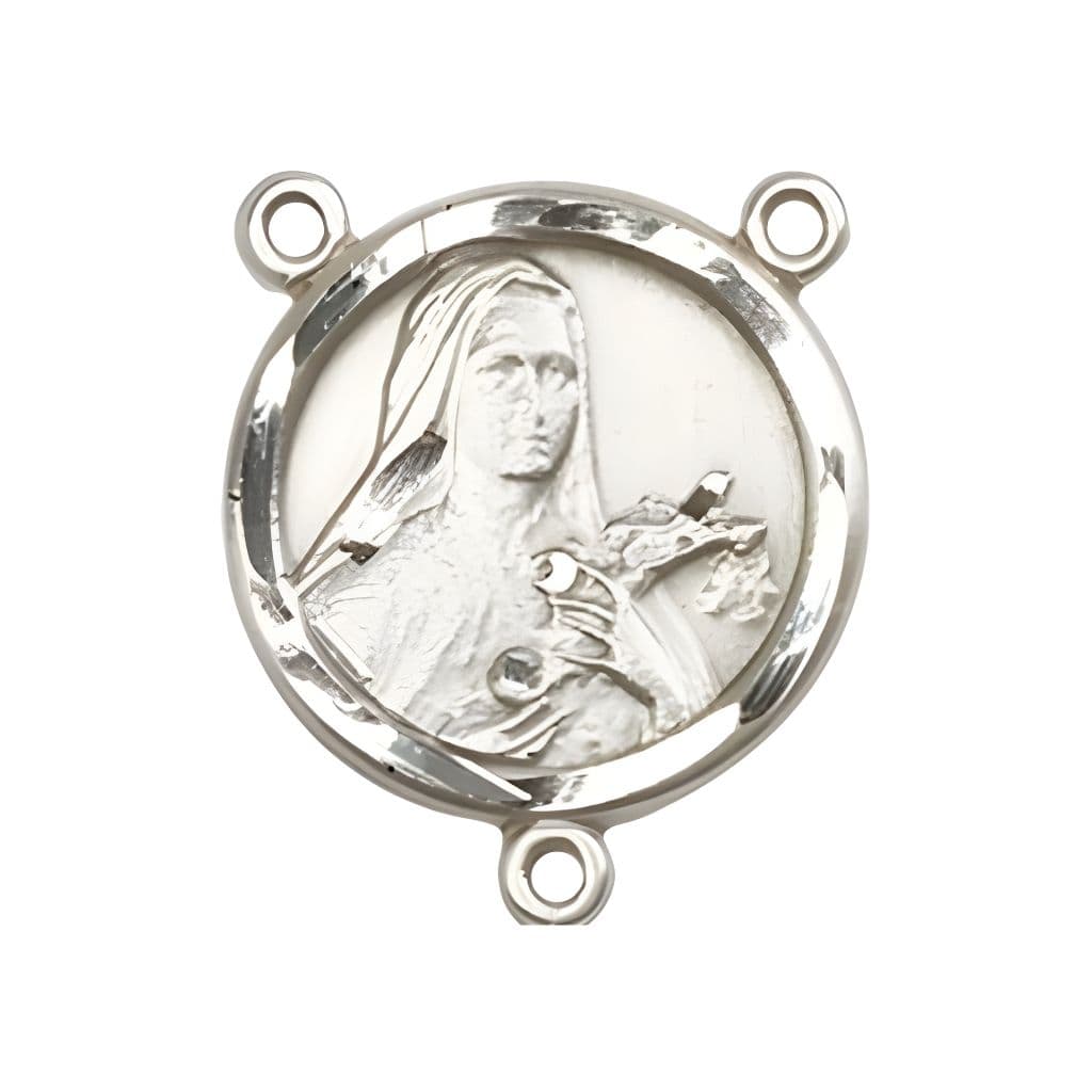 St. Theresa Sterling Silver Engravable Round Rosary Centerpiece from Bliss, Measures 5/8-inch by 1/2-inch