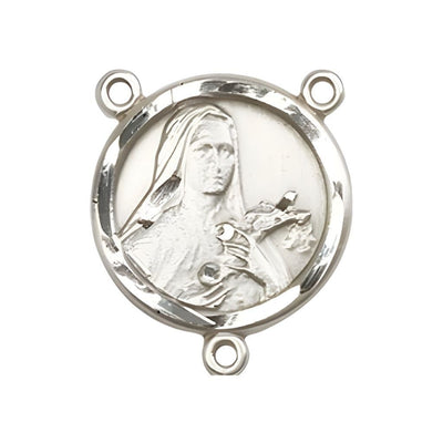St. Theresa Sterling Silver Engravable Round Rosary Centerpiece from, Measures 5/8-inch by 1/2-inch, Bliss Manufacturing