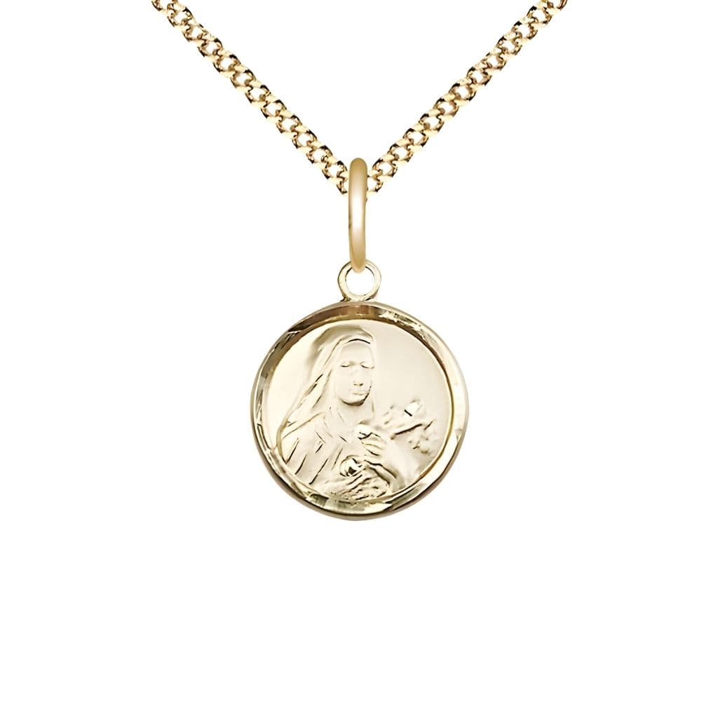 St. Theresa 14kt Gold-filled Small Round Pendant Necklace with Gold-Plated Chain, Medal Measures 5/8-inch tall by 1/2-inch wide,