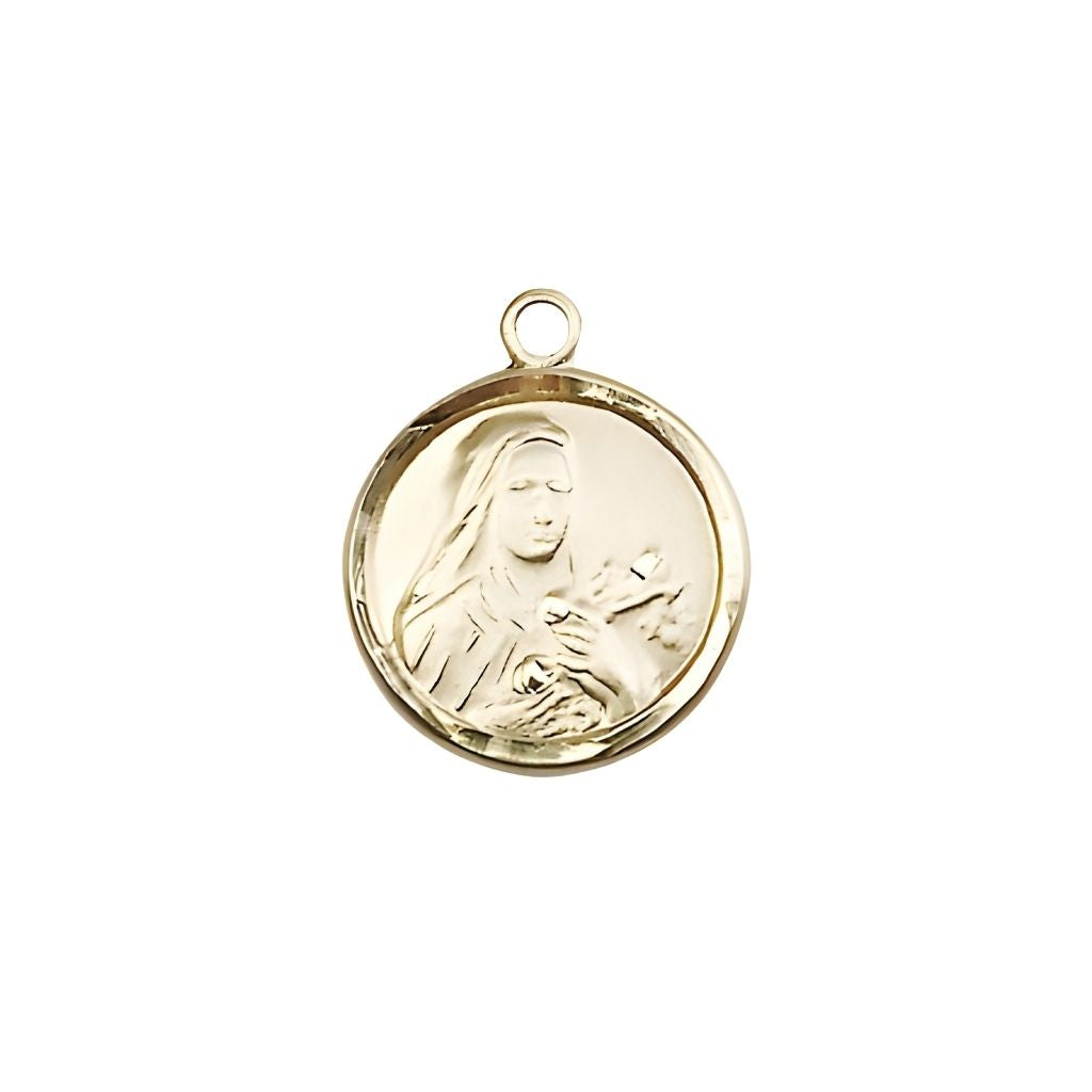 St. Theresa 14kt Gold Small Round Pendant, Medal Measures 5/8-inch tall by 1/2-inch wide,