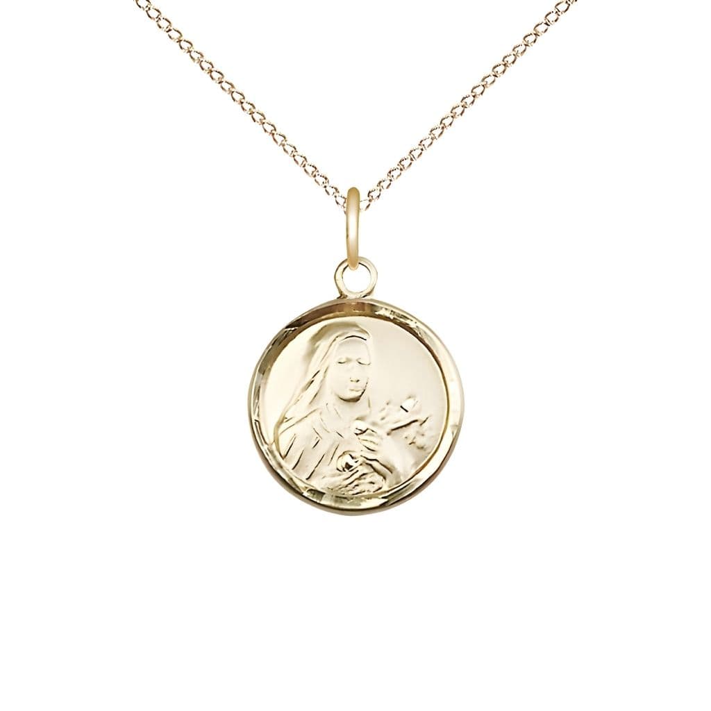 St. Theresa 14kt Gold Small Round Pendant Necklace with 14kt Gold Chain, Medal Measures 5/8-inch tall by 1/2-inch wide,