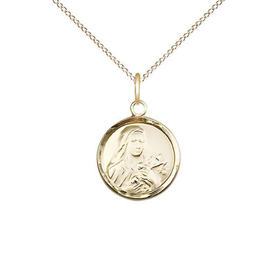 St. Theresa 14kt Gold Small Round Pendant Necklace with 14kt Gold Chain, Medal Measures 5/8-inch tall by 1/2-inch wide, Bliss Manufacturing