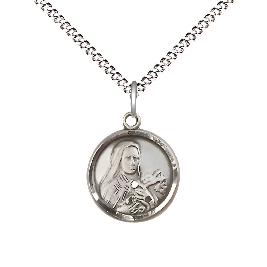 St. Theresa Pewter Small Round Pendant Necklace with Plated Chain, Medal Measures 5/8-inch tall by 1/2-inch wide,