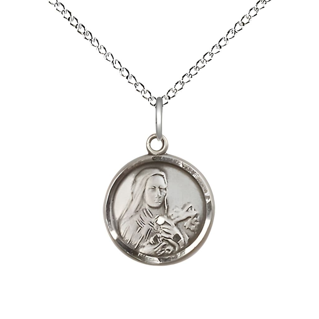 St. Theresa Sterling Silver Small Round Pendant Necklace with Sterling Silver curb Chain, Medal Measures 5/8-inch tall by 1/2-inch wide,