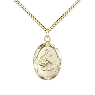 St. Gerard Majella 14kt Gold-filled Scallop Edge Design Medal Pendant with Gold-plated Chain, Measures 3/4-inch tall by 3/8-inch wide, Bliss Manufacturing