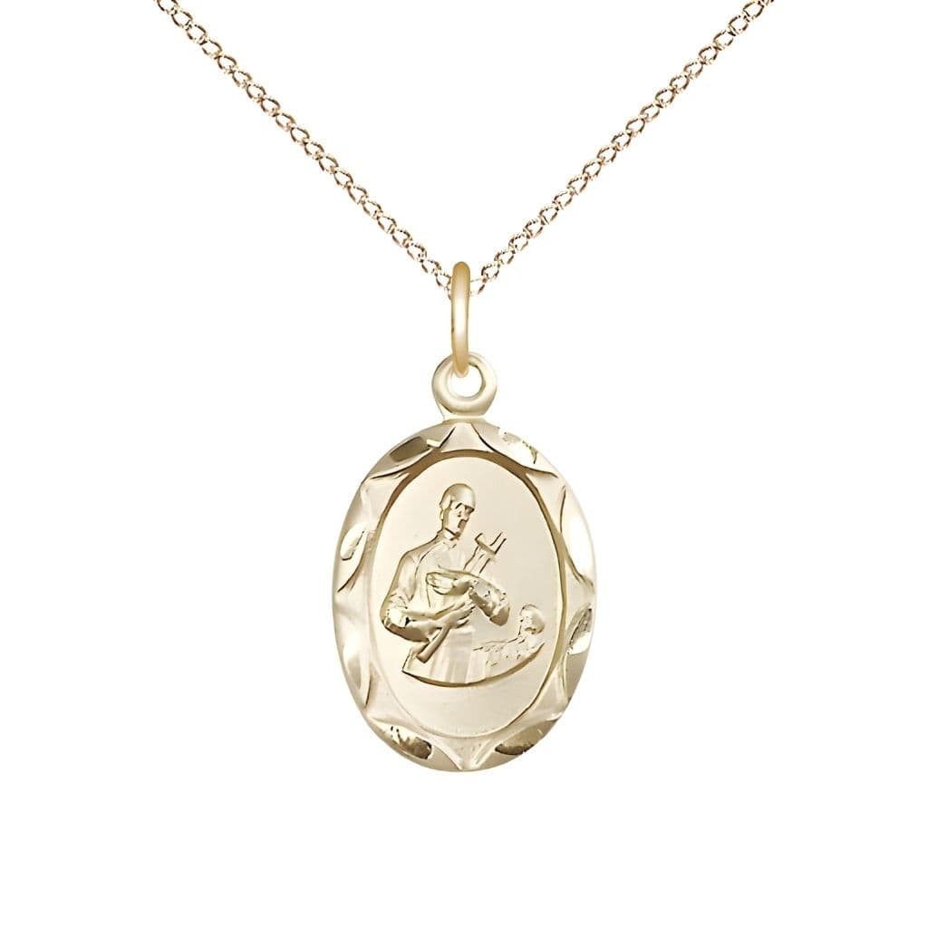 St. Gerard Majella 14kt Gold-filled Scallop Edge Design Medal Pendant with Gold-filled Chain, Made in USA by Bliss, Measures 3/4-inch tall by 3/8-inch wide.