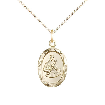St. Gerard Majella 14kt Gold-filled Scallop Edge Design Medal Pendant with Gold-filled Chain, Measures 3/4-inch tall by 3/8-inch wide, Bliss Manufacturing