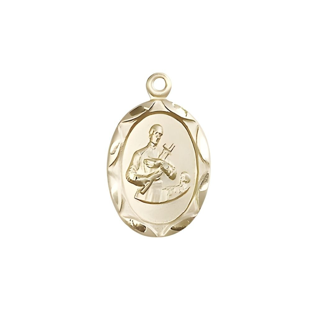 St. Gerard Majella 14kt Gold Scallop Edge Design Medal Pendant, Made in USA by Bliss, Measures 3/4-inch tall by 3/8-inch wide.