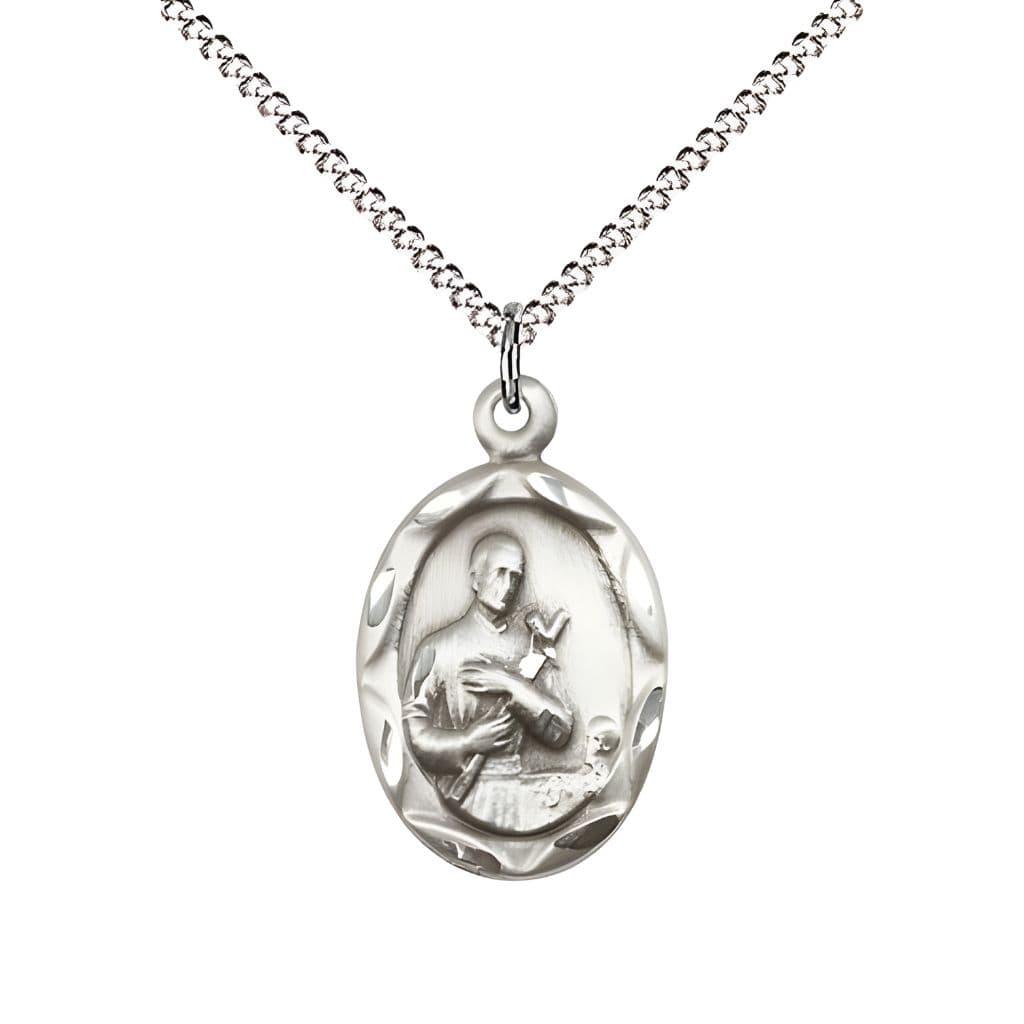 St. Gerard Majella Sterling Silver Scallop Edge Design Medal Pendant with Rhodium-plated Chain, Made in USA by Bliss, Measures 3/4-inch tall by 3/8-inch wide.