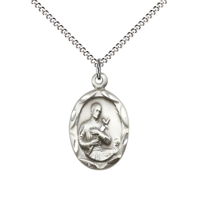 St. Gerard Majella Sterling Silver Scallop Edge Design Medal Pendant with Rhodium-plated Chain, Measures 3/4-inch tall by 3/8-inch wide, Bliss Manufacturing