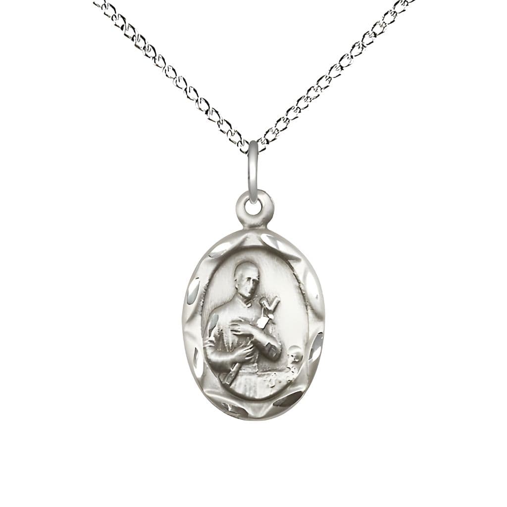St. Gerard Majella Sterling Silver Scallop Edge Design Medal Pendant with Sterling Silver Chain, Made in USA by Bliss, Measures 3/4-inch tall by 3/8-inch wide.