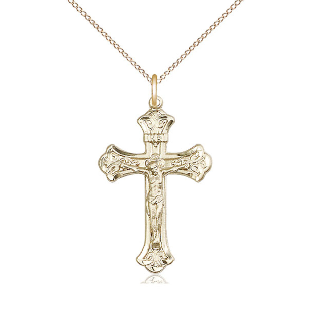 Bliss Manufacturing Medium Flared Tip Crucifix 14kt Gold Medal Necklace with 14kt Gold Chain,