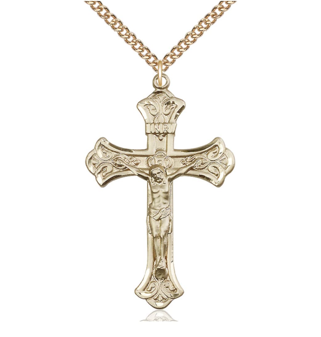 Bliss Manufacturing Large Flared Tip Crucifix Large Gold-filled Medal Necklace with Gold-filled Chain,