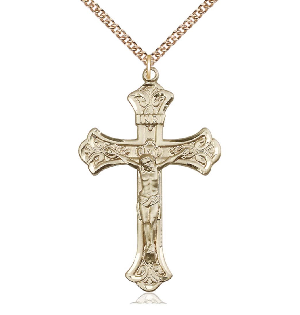 Bliss Manufacturing Large Flared Tip Crucifix Large 14kt Gold Medal Necklace with 14kt Gold Chain,