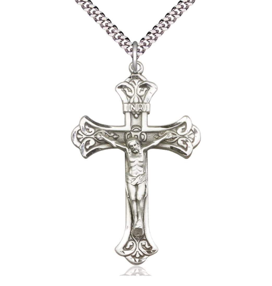 Bliss Manufacturing Large Flared Tip Crucifix Large Pewter Medal Necklace,