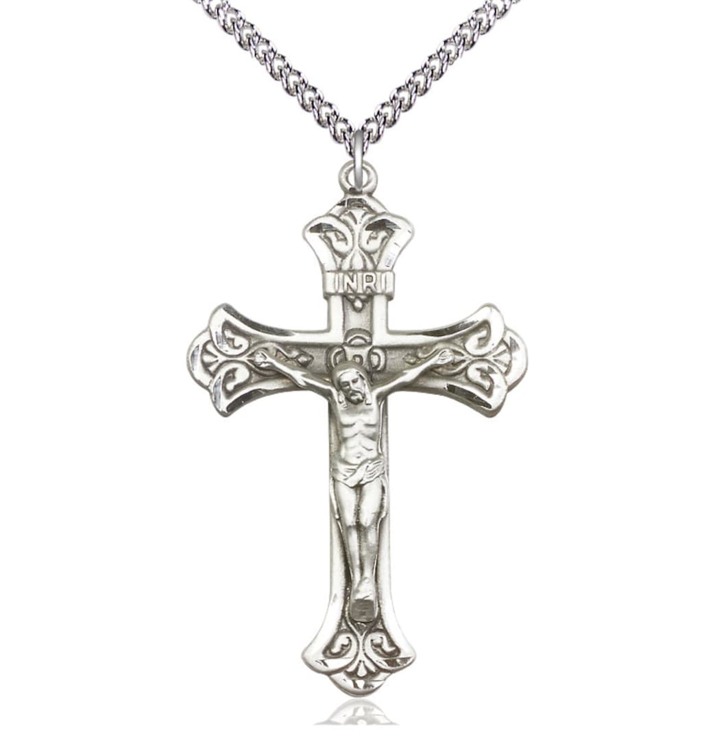 Bliss Manufacturing Large Flared Tip Crucifix Large Sterling Silver Medal Necklace with Sterling Silver Chain,