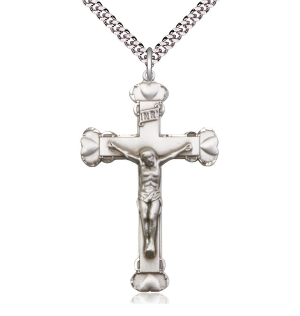 Bliss Manufacturing Large Heart Tip Crucifix Pewter Medal Necklace,