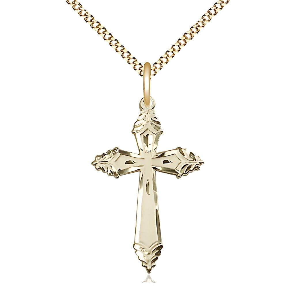 Bliss Christian Ornate Cross 14kt Gold-filled Medal Necklace with Gold-plated Light Curb Chain, Measures 1 1/8-inch tall by 3/4-inch wide