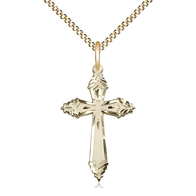 Christian Ornate Cross 14kt Gold-filled Medal Necklace with Gold-plated Light Curb Chain, Measures 1 1/8-inch tall by 3/4-inch wide, Bliss Manufacturing