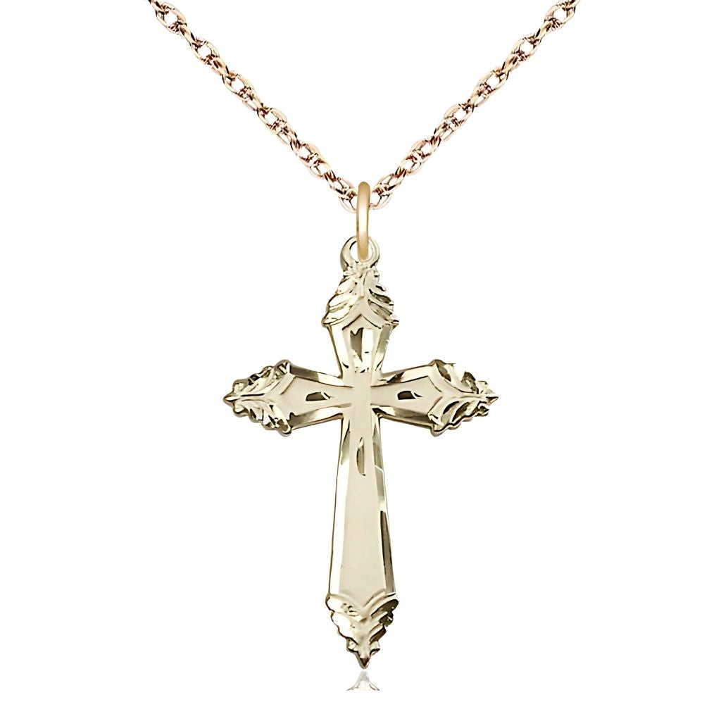 Bliss Christian Ornate Cross 14kt Gold-filled Medal Necklace with Gold-plated Light Rope Chain, Measures 1 1/8-inch tall by 3/4-inch wide