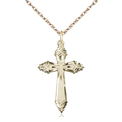 Christian Ornate Cross 14kt Gold-filled Medal Necklace with Gold-plated Light Rope Chain, Measures 1 1/8-inch tall by 3/4-inch wide, Bliss Manufacturing