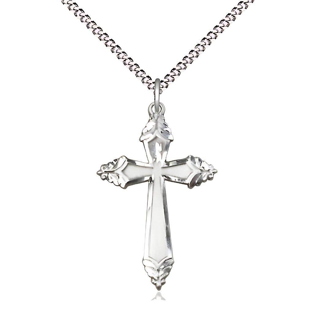 Bliss Christian Ornate Cross Sterling Silver Medal Necklace with Rhodium-plated Light Curb Chain, Measures 1 1/8-inch tall by 3/4-inch wide