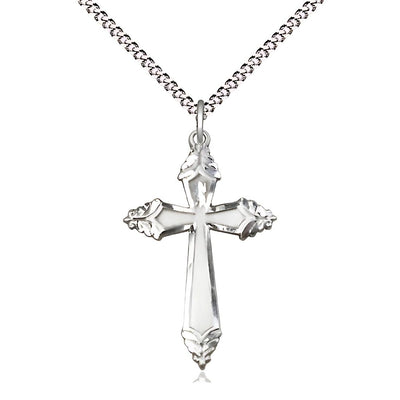 Christian Ornate Cross Sterling Silver Medal Necklace with Rhodium-plated Light Curb Chain, Measures 1 1/8-inch tall by 3/4-inch wide, Bliss Manufacturing