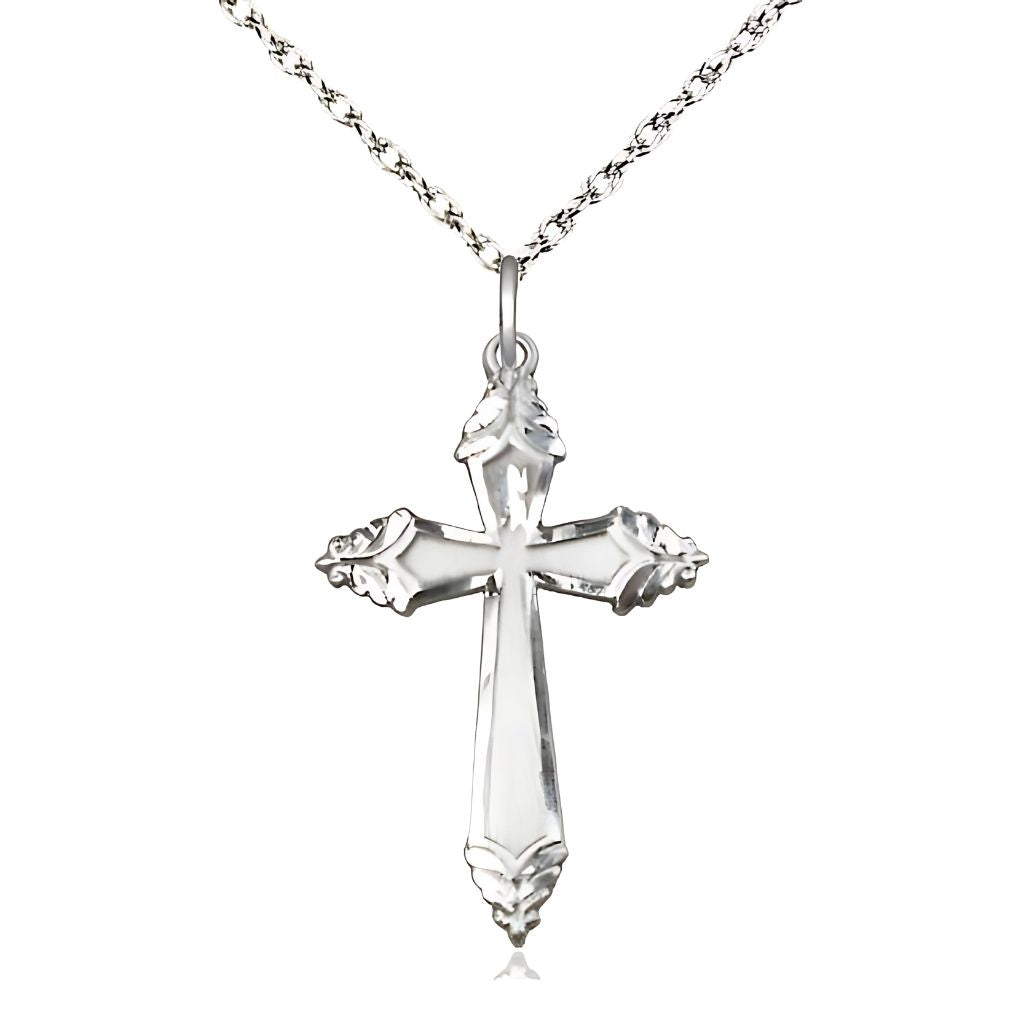 Bliss Christian Ornate Cross Sterling Silver Medal Necklace with Sterling Silver Light Rope Chain, Measures 1 1/8-inch tall by 3/4-inch wide