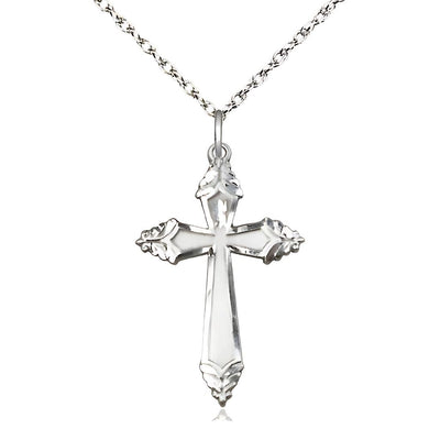 Christian Ornate Cross Sterling Silver Medal Necklace with Sterling Silver Light Rope Chain, Measures 1 1/8-inch tall by 3/4-inch wide, Bliss Manufacturing