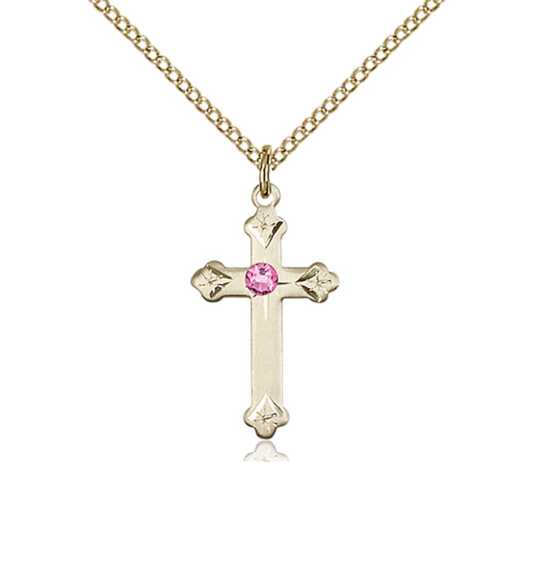 Bliss Birthstone Fancy Tip Gold-filled Cross Pendant w/October Rose Austrian Crystals,