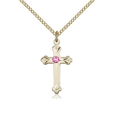Birthstone Fancy Tip Gold-Filled Cross Pendant with October Rose Austrian Crystals, Bliss Manufacturing