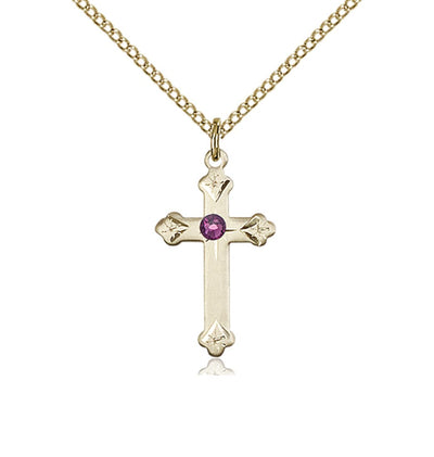 Birthstone Fancy Tip Gold-Filled Cross Pendant with February Amethyst Austrian Crystals, Bliss Manufacturing
