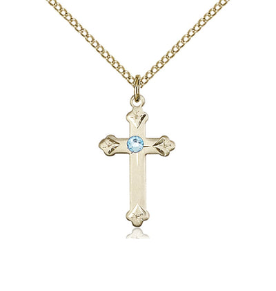 Birthstone Fancy Tip Gold-Filled Cross Pendant with March Aqua Austrian Crystals, Bliss Manufacturing
