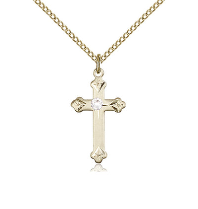 Birthstone Fancy Tip Gold-Filled Cross Pendant with April Clear Austrian Crystals, Bliss Manufacturing
