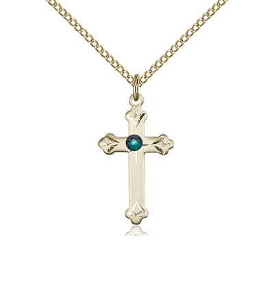 Birthstone Fancy Tip Gold-Filled Cross Pendant with May Emerald Austrian Crystals, Bliss Manufacturing