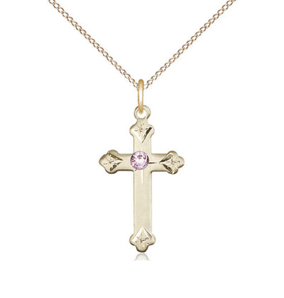 Birthstone Fancy Tip Gold-Filled Cross Pendant with Light Amethyst June Austrian Crystals, Bliss Manufacturing