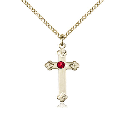 Birthstone Fancy Tip Gold-Filled Cross Pendant with Ruby July Austrian Crystals, Bliss Manufacturing