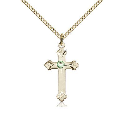 Birthstone Fancy Tip Gold-Filled Cross Pendant with Peridot August Austrian Crystals, Bliss Manufacturing
