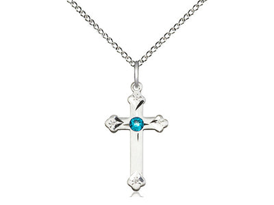 Birthstone Fancy Tip Sterling Silver Cross Pendant with Austrian Crystals, Aqua March Birthstone in Zircon, Bliss Manufacturing
