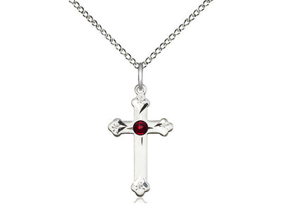 Birthstone Fancy Tip Sterling Silver Cross Pendant with Austrian Crystals, Rose October Birthstone in Garnet, Bliss Manufacturing