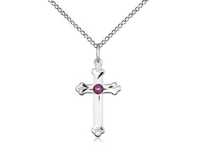 Birthstone Fancy Tip Sterling Silver Cross Pendant with Austrian Crystals, September Sapphire Birthstone in Amethyst, Bliss Manufacturing