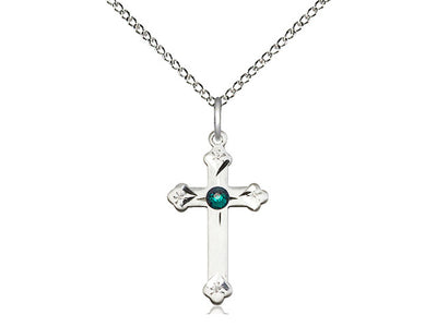 Birthstone Fancy Tip Sterling Silver Cross Pendant with Austrian Crystals, July Ruby Birthstone in Emerald, Bliss Manufacturing