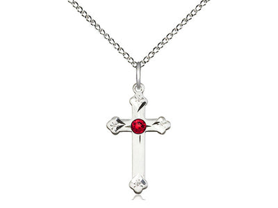 Birthstone Fancy Tip Sterling Silver Cross Pendant with Austrian Crystals, May Emerald Birthstone in Ruby, Bliss Manufacturing